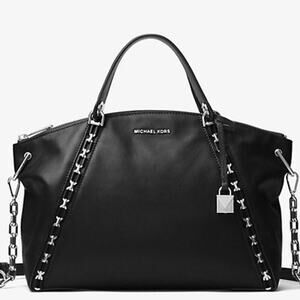 MICHAEL Michael Kors Sadie Leather Satchel in Black with Silver Hardware